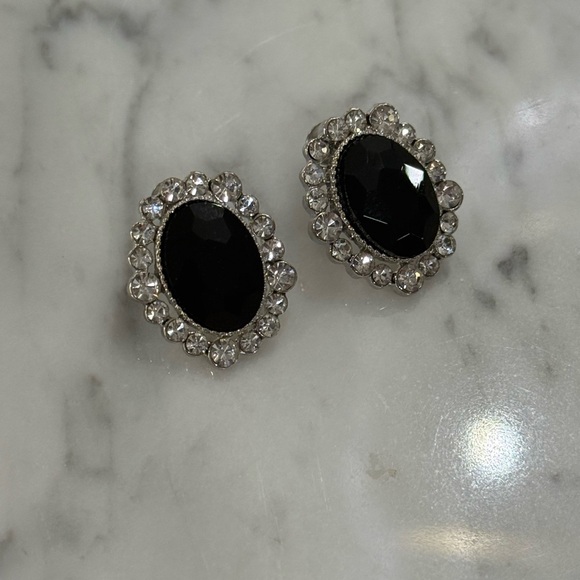 Vintage Style Black Faceted Stone & Clear Rhinestone Crystal Earrings Statement - Picture 3 of 7
